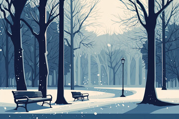 Illustration with benches in the snowy city park. Landscape of the city park in winter