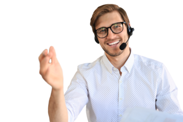 Smiling friendly handsome young male call centre operator on a transparent background.