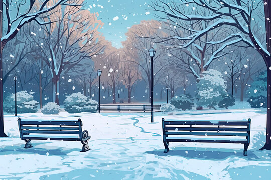 Illustration with benches in the snowy city park. Landscape of the city park in winter