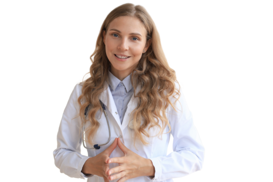 Happy smiling female doctor in white uniform coat and stethoscope on a transparent background. - Powered by Adobe