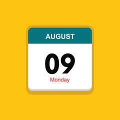 monday 09 august icon with yellow background, calender icon