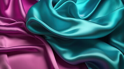 Pink tuquoise silk satin,Wavy folds,Beautiful purple teal background. Generative Ai