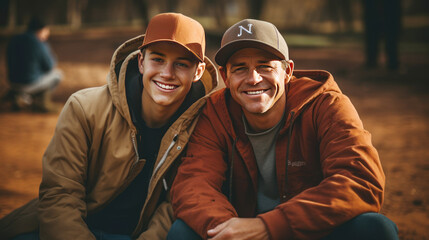 Fototapeta premium man and son with baseball cap smiling at at baseball stadium.
