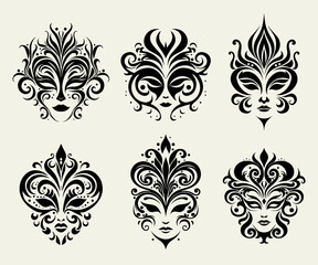 Vector carnival masks collection, masks silhouette, ornamented masks, abstract masquerade faces