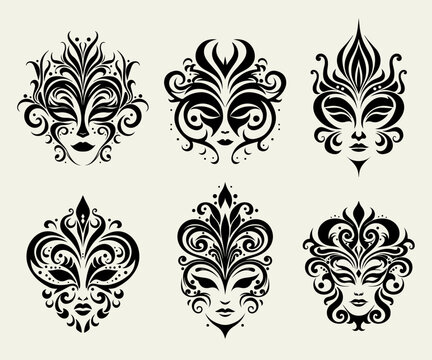 Vector carnival masks collection, masks silhouette, ornamented masks, abstract masquerade faces
