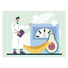 Professional laboratory worker holding clipboard, standing next to scales. Checking natural fruits for vitamins and beneficial ingredients. Healthy lifestyle concept. Flat vector illustration
