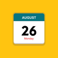 monday 26 august icon with yellow background, calender icon