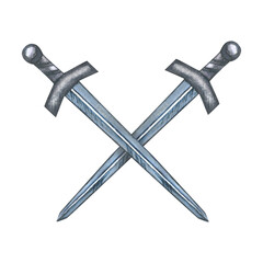 Watercolor illustration of two crossed swords isolated on transparent background
