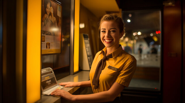A charming retro cinema ticket booth with a smiling attendant, welcoming moviegoers Generative AI