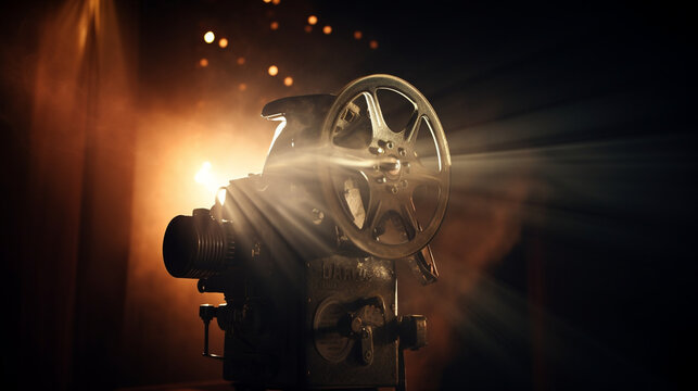 A classic movie projector casting flickering light on the silver screen, ready to transport the audience back in time Generative AI