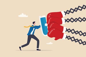 Business threat, fight to survive in business competition, resilience or adversity, challenge or survive to win, courage fighter concept, businessman hold shield to fight with multiple fighter punch. - obrazy, fototapety, plakaty