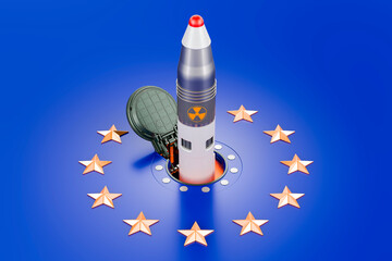 Missile launches from its underground silo launch facility on the European Union flag. 3D rendering © alexlmx
