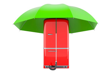 Retro refrigerator under umbrella, 3D rendering