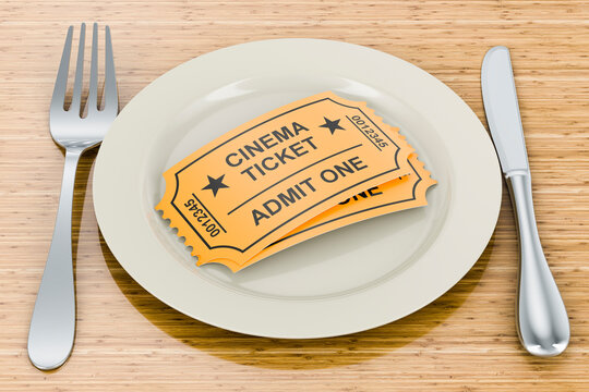 Dinner plate with cinema tickets, 3D rendering