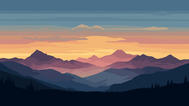 AI generated. Vector illustration. View of an alpine landscape. Simple vector illustration, with meadows and alpine mountains in the background. Sunset. purple tones.