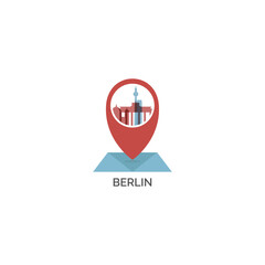 Germany Berlin map pin point geolocation modern skyline shape pointer vector logo icon isolated illustration. Web emblem idea with landmarks and building silhouettes