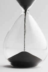 Close up of hourglass with black sand and copy space on white background