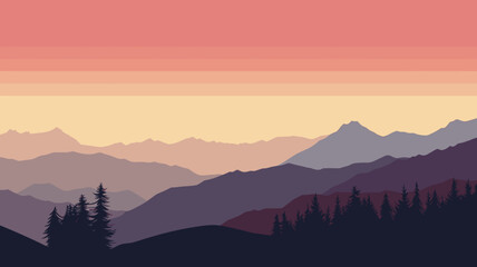 AI generated. Vector illustration. View of an alpine landscape. Simple vector illustration, with meadows and alpine mountains in the background. Purple tones