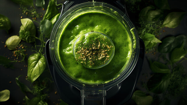 Green Fresh Smoothie Blended In Blender Top View