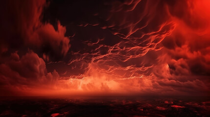 Red clouds in the black sky. Surreal background with copy space for text. Generative Ai