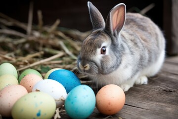Fototapeta na wymiar Cute Rabbit and Colored Easter Eggs. Generative AI