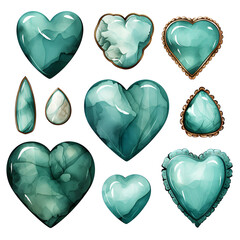 Set Turquoise western stone heart Vintage Watercolor element PNG.transparent background Generative AI