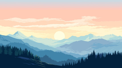 AI generated. Vector illustration. View of an alpine landscape. Simple vector illustration, with meadows and alpine mountains in the background. Sunrise.