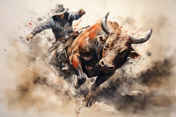 Cowboy tamer falling off the wild bull. Colorful pencil illustration on paper.