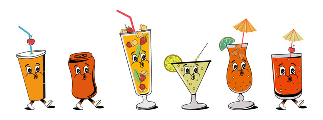 Set of drinks in groovy style. Retro design. Vector stock illustration. 60s and 80s. Martini, pina colada, soda, glass with a straw, whiskey with an umbrella. - obrazy, fototapety, plakaty