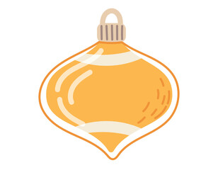 Glass yellow cartoon Christmas tree toy. Vector isolated illustration, flat holiday decoration.