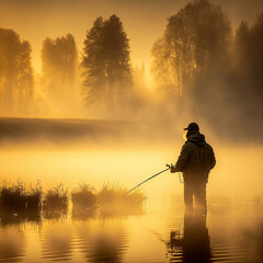 A fisherman catches a big fish in the river. Beautiful nature. Hobby fishing.