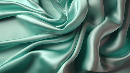 Obraz premium Light blue green silk satin and mint color shiny silky smooth fabric. Generative Ai
