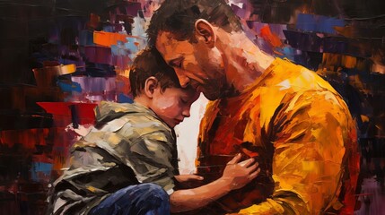 Illustration of father and son in the style of oil painting. Generative ai