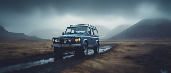 Suv is driving on a remote beach of Iceland. Generative AI