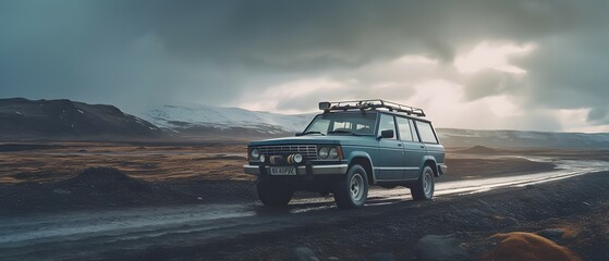 Obraz na płótnie Canvas Suv is driving on a remote beach of Iceland. Generative AI
