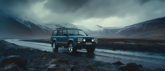 Suv is driving on a remote beach of Iceland. Generative AI