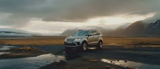 Suv is driving on a remote beach of Iceland. Generative AI - Powered by Adobe