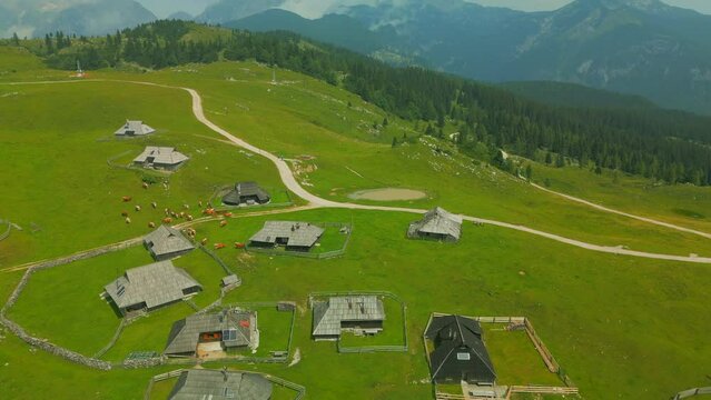 Velika Planina or Big Pasture Plateau in the Kamnik, Alps, Slovenia. Mountain cottage hut or house on green hill. Alpine meadow landscape. Eco food production, aerial view.
