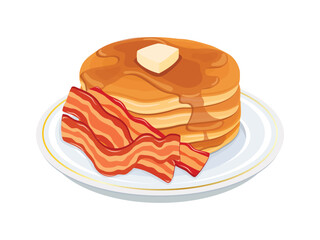 Pancakes with bacon and maple syrup icon vector. Pancakes with butter and bacon on a plate vector illustration. Bacon pancake breakfast design element isolated on a white background