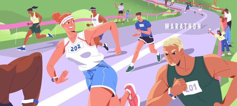 Different people take part in marathon, race. Happy woman running with other athletes. Male and female take action in mixed amateur competition. Challenge for prof runners. Flat vector illustration