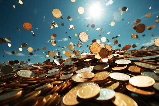 Coins falling from blue sky, sparkling, low angle, Generative AI.