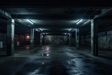 Dark Basement Parking Area, Underground Parking Garage, Wet Asphalt, Lights on Walls and Pillars, Night Time Crime Concept, generative AI