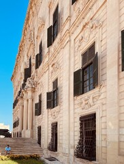 Front view of magnificent baroque palazzo the Auberge de Castille located at Castile Place in Valletta, Malta
