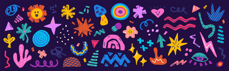 Set colorful various hand drawn shapes and doodle objects, abstract elements for modern design, vector flat illustration