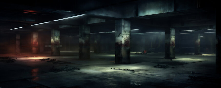 Dark Basement Parking Area, Underground Parking Garage, Wet Asphalt, Lights on Walls and Pillars, Night Time Crime Concept, generative AI