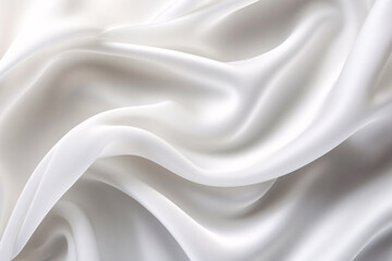 Closeup of rippled white silk satin fabric texture background. Abstract background of white wavy silk or satin.