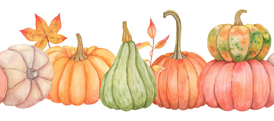 Watercolor hand drawn pumpkin seamless border. Autumn  illustration for decor