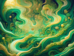Beautiful abstract twirl and curly anime background textures with shades of green, yellow, and flowers accent. Generative AI, AI Generated.