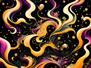 Beautiful abstract twirl and curly anime background textures with shades of pink, yellow, black, with flowers and stars accent. Generative AI, AI Generated.