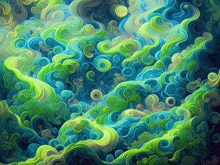 Captivating abstract twirl and curly anime background textures with shades of green, yellow, cyan and navy. Generative AI, AI Generated.